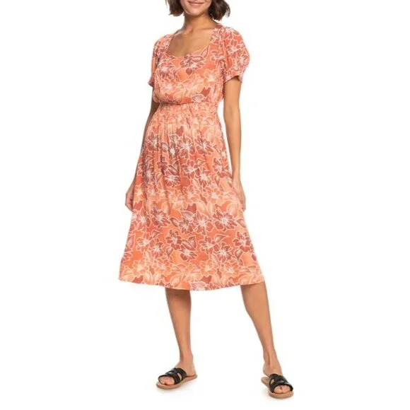 NWT Roxy Papaya Punch Palmy Breeze Orange Cut - Out Back Midi Dress, size Large - Picture 2 of 9